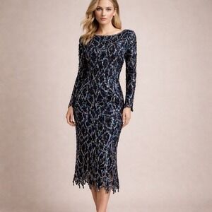 Black Sequin Beaded Dress Size 8 100% Silk Fringe Hem Evening Cocktail OOAK